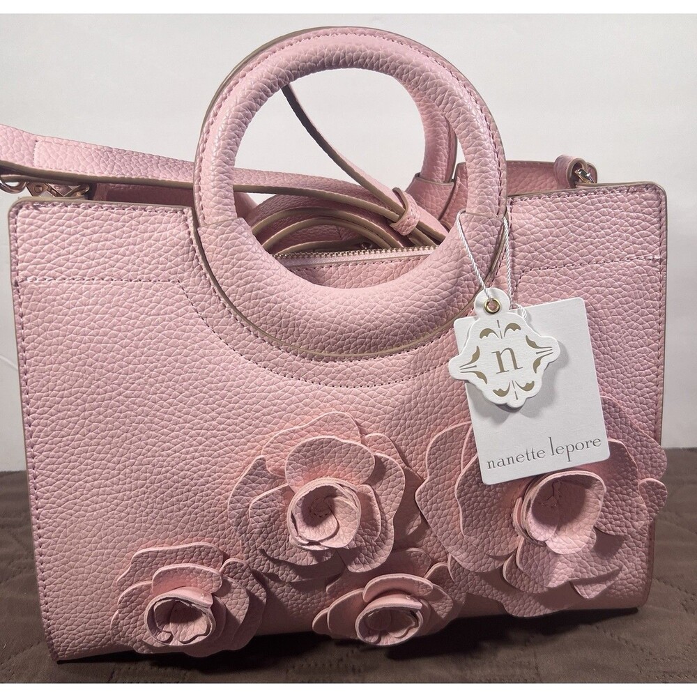 Nanette Lepore peachy pink 3D Floral Satchel Handbag Crossbody Purse - Picture 6 of 7